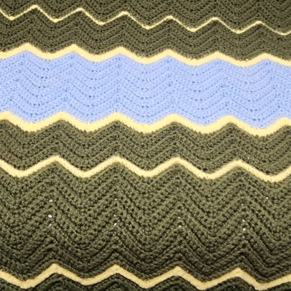 Vtg Handmade Afghan Knit Blanket 47 x 45 Zig Zag Olive Green Yellow Blue